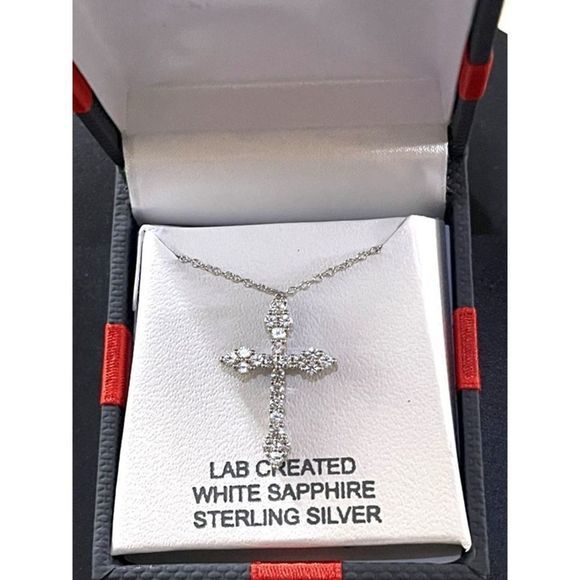 NEW White Sapphire 925 Sterling Silver 18” Chain with 1” Cross Pendant Necklace‎ - Picture 1 of 6